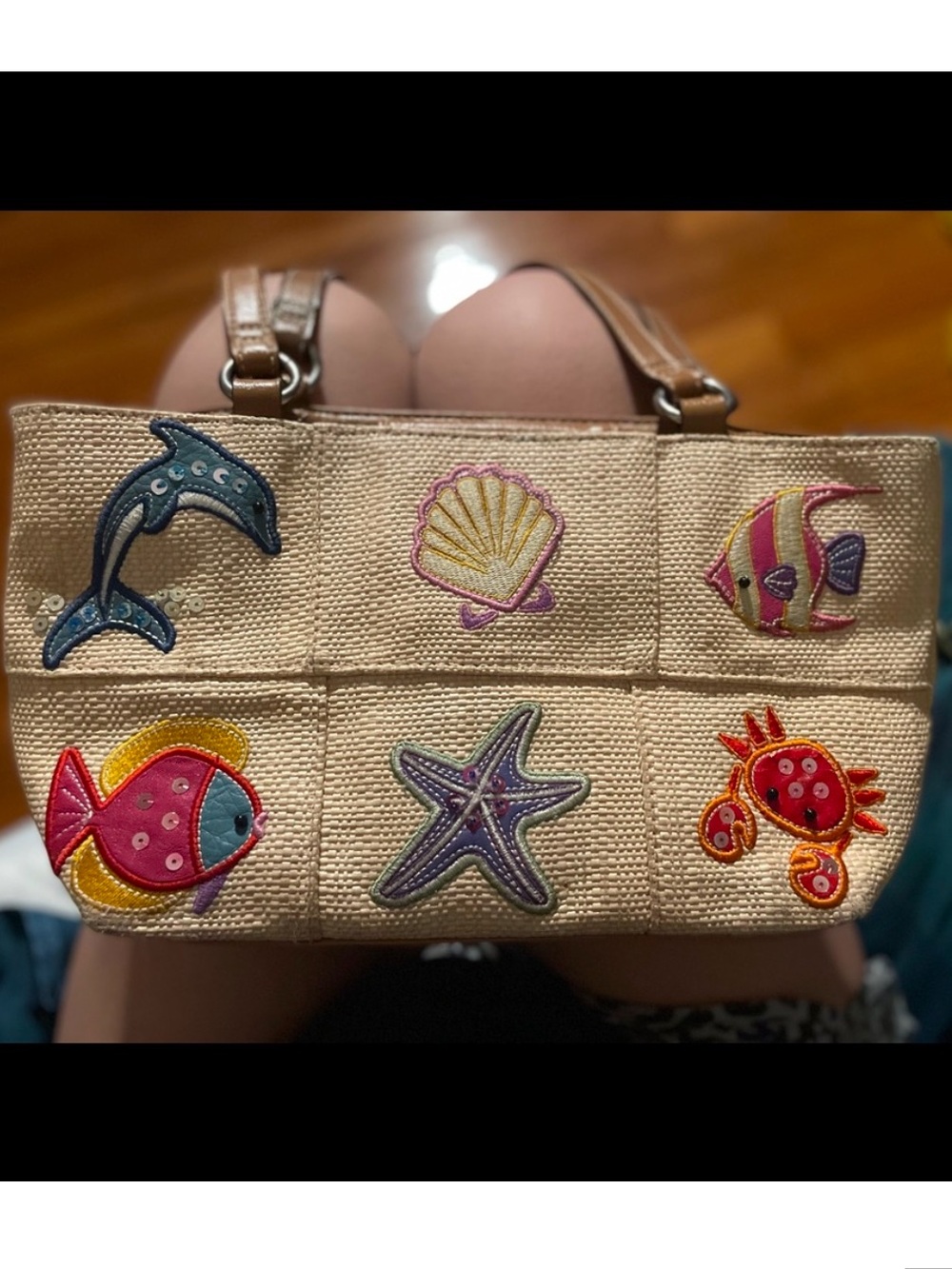 Rosetti Beige Straw Tote with Colorful Sea Creature Appliqués